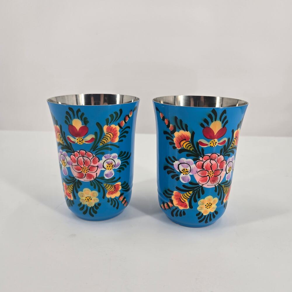 Karma Living blue floral stainless steal/painted enamel tumbler, Set of 2